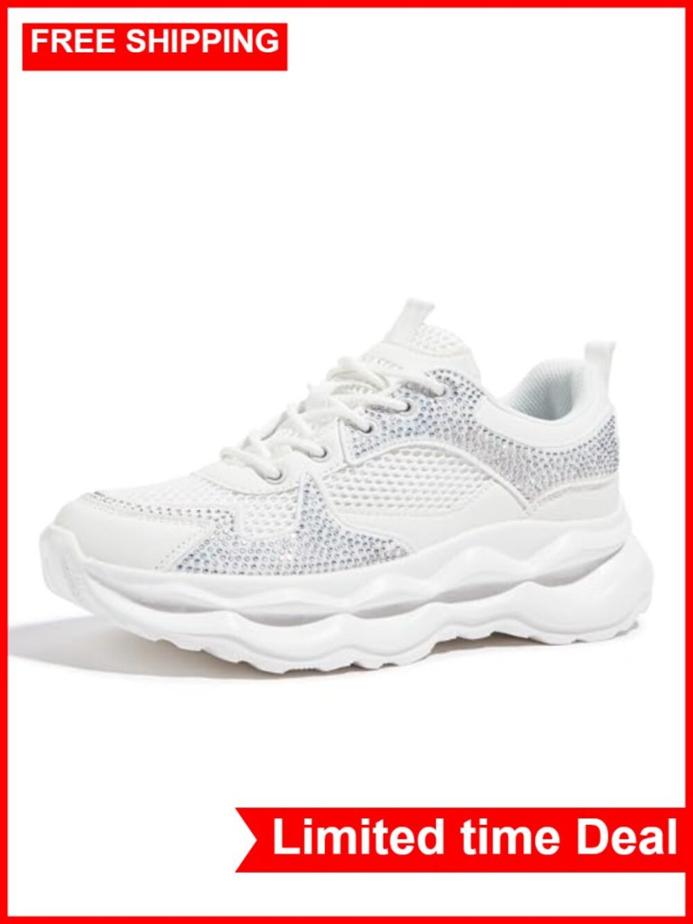 Chunky Platform Sneakers Rhinestone Bling Lace Up Casual Walking Shoes